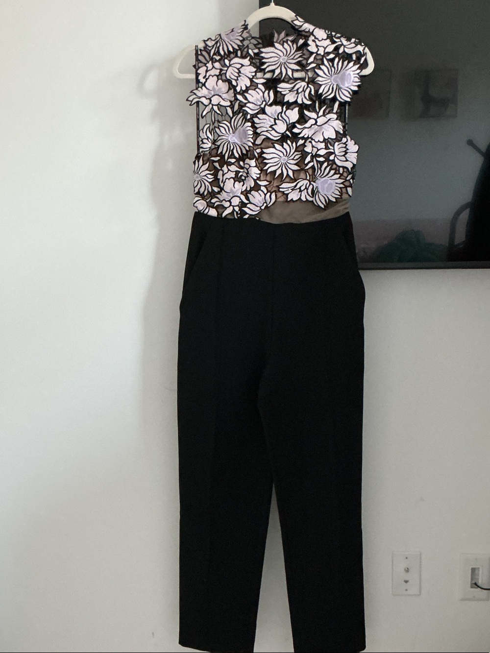 Self-Portrait Black Jumpsuit with White Floral Lace Bodice